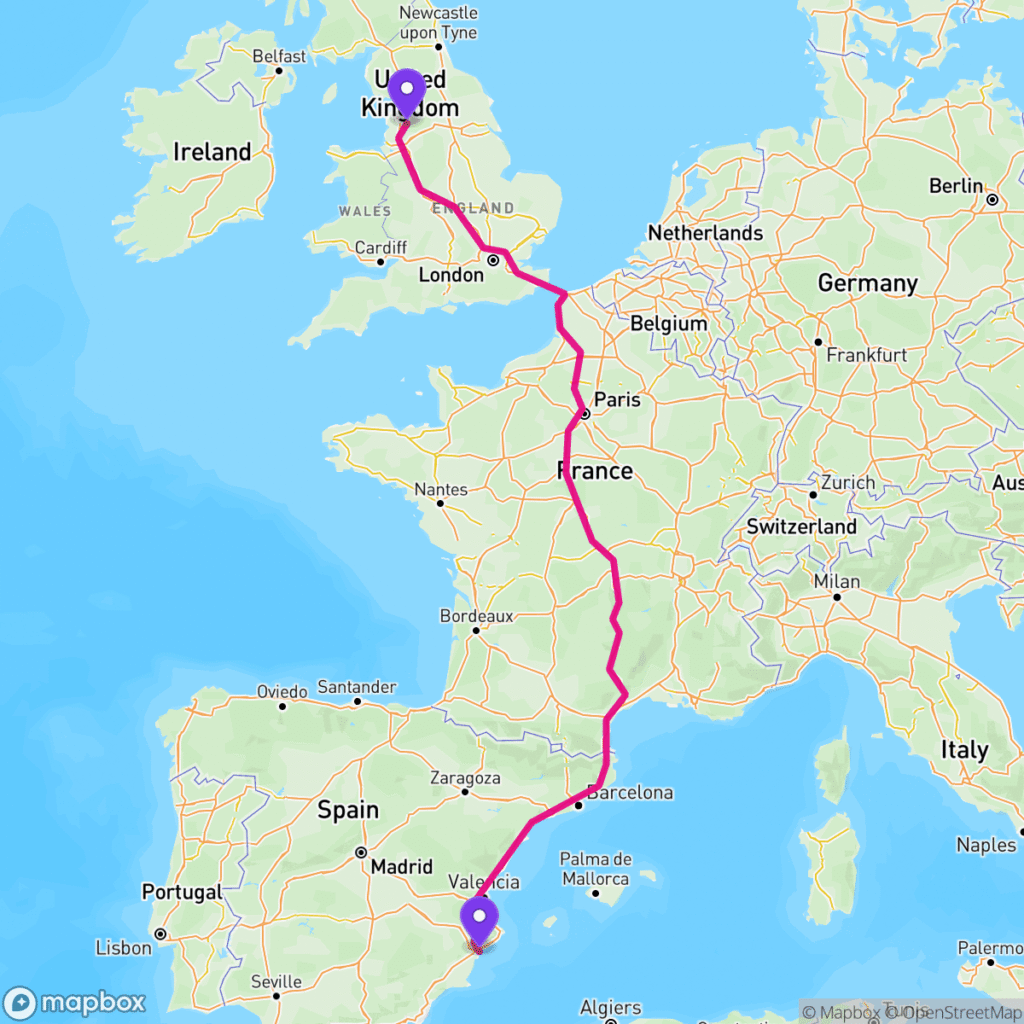 Map of the driving route from BB1 to 03007ES